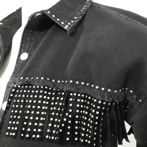 Zara Big Girl Fringed Western Cropped Black Denim Jacket US 8 - Picture 4 of 8